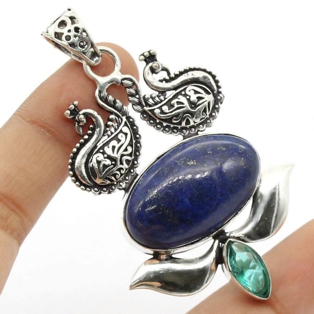 Handmade Peacock Lapis Lazuli Gemstone 925 Silver Plated Necklace.